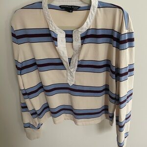 Veronica Beard Cream and Blue Long Sleeve Blouse with Mandarin Collar